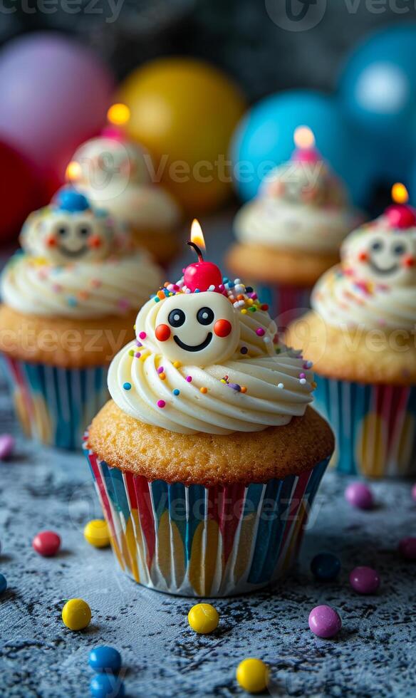 A group of cupcakes with smiling faces on them, with a few lit candles on top. The cupcakes are decorated with colorful sprinkles and frosting, and they are arranged on a table photo