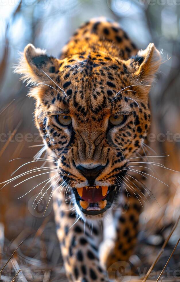 A leopard is walking through the woods with its mouth open. Concept of danger and wildness, as the leopard is a powerful predator in its natural habitat photo