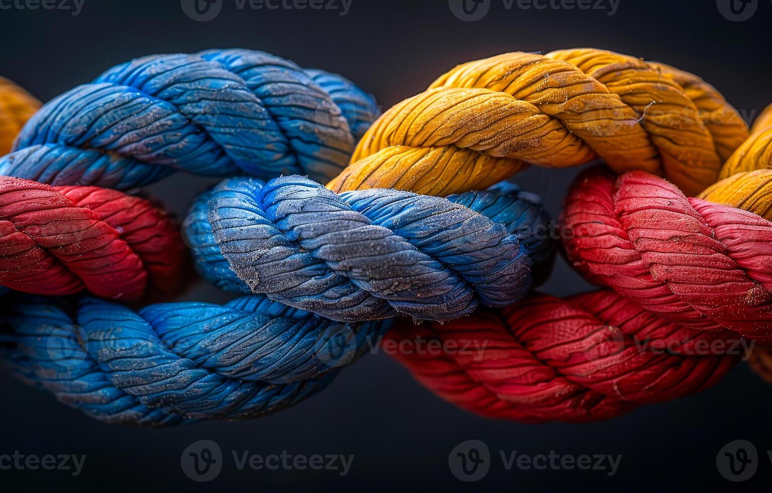 A rope with three different colored strands is twisted together. The rope is blue, red, and yellow photo