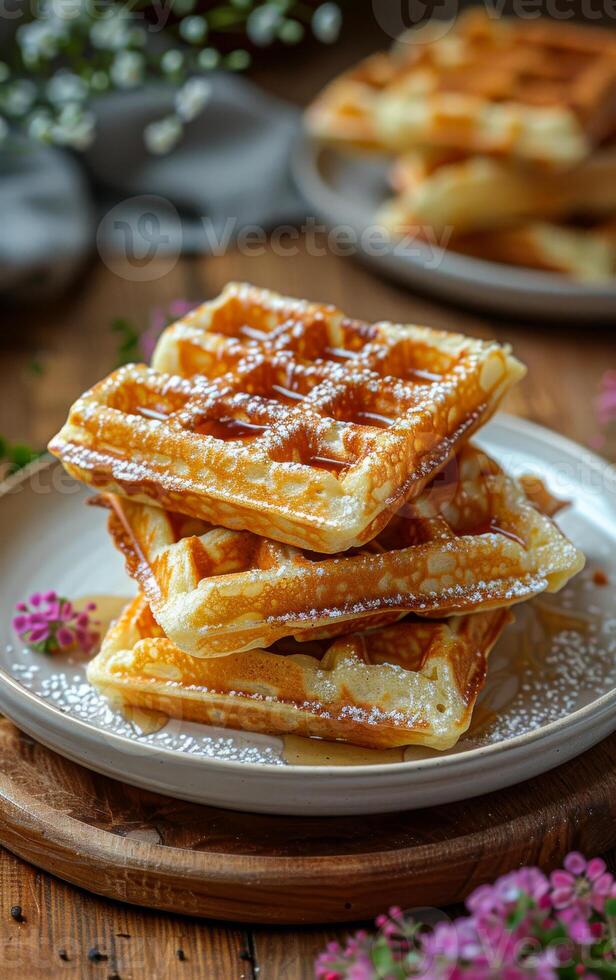 Three waffles stacked on top of each other on a plate. The plate is on a wooden table. There are flowers in the background photo