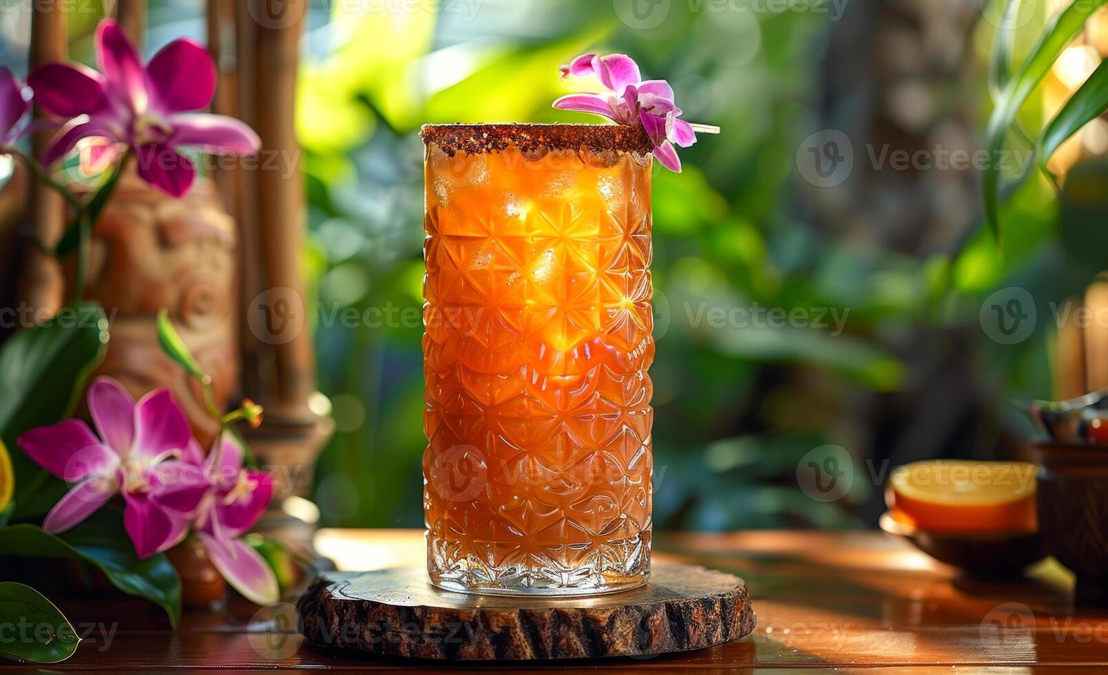 A glass of drink with a flower on top of it. The drink is brown and has a garnish on top photo