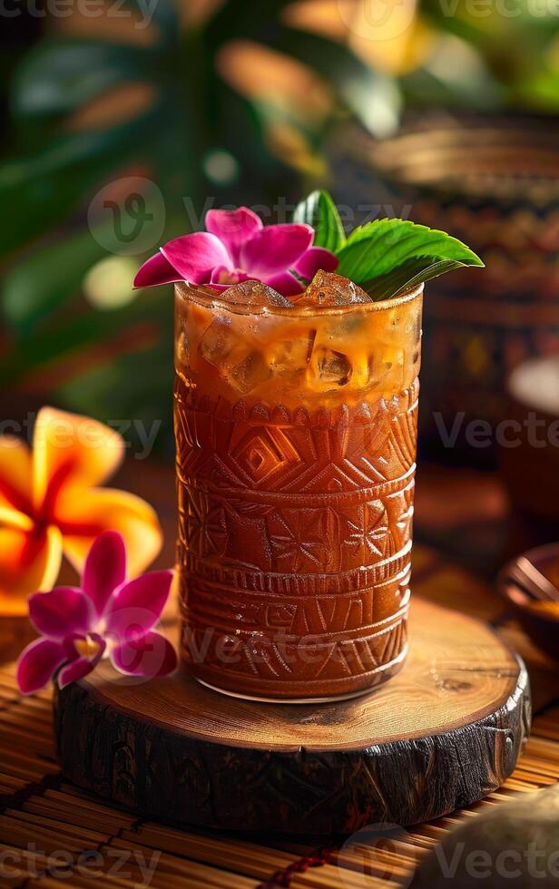 A glass of drink with a flower on top. The drink is brown and has a flower on top photo