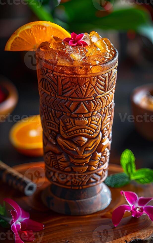 A drink in a wooden cup with a flower on top. The drink is a tropical cocktail with a slice of orange on top photo
