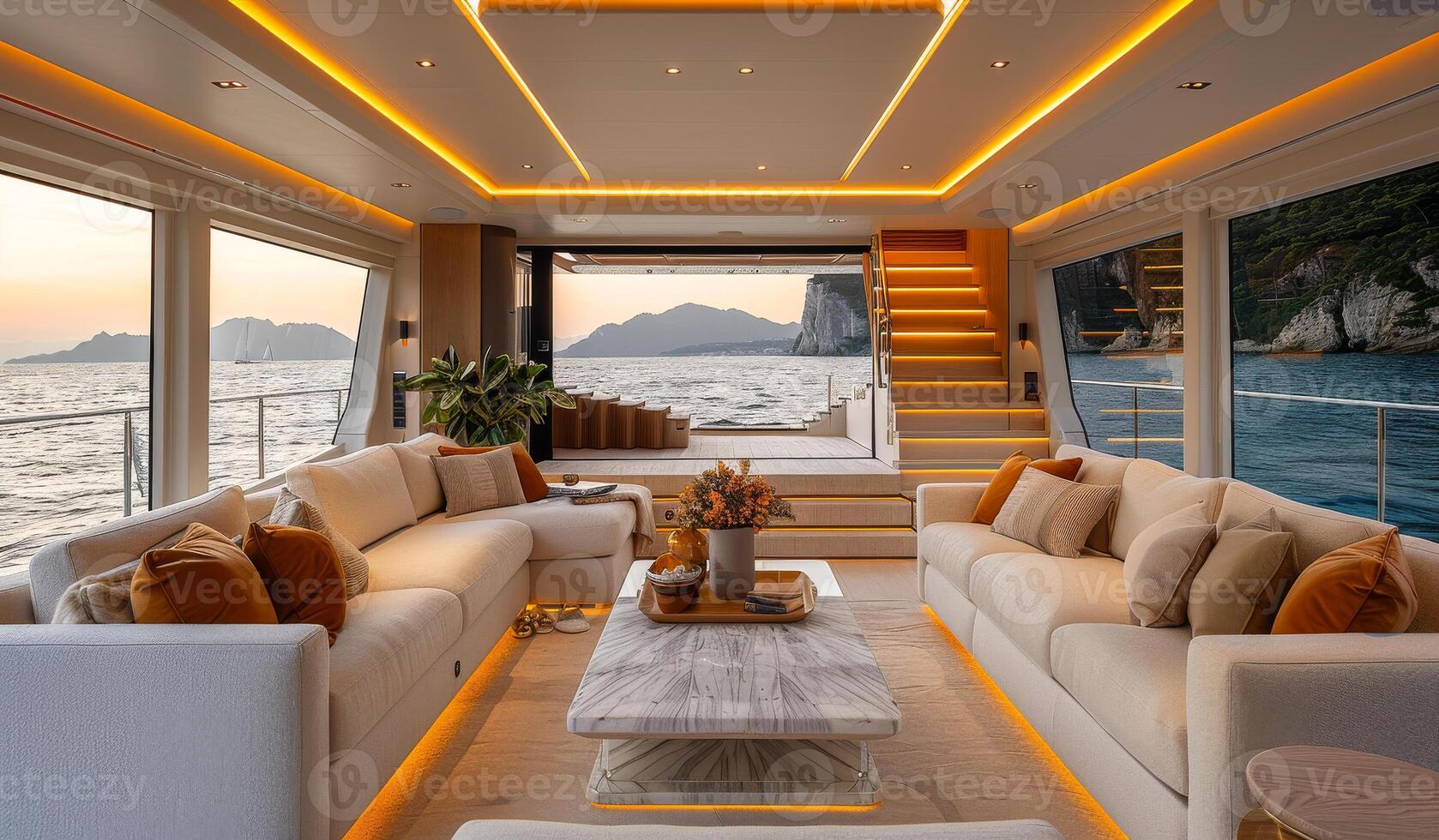 A large white boat with a living room on the top deck. The living room is filled with white furniture and has a large white coffee table. The room is lit up with a warm glow, creating a cozy photo