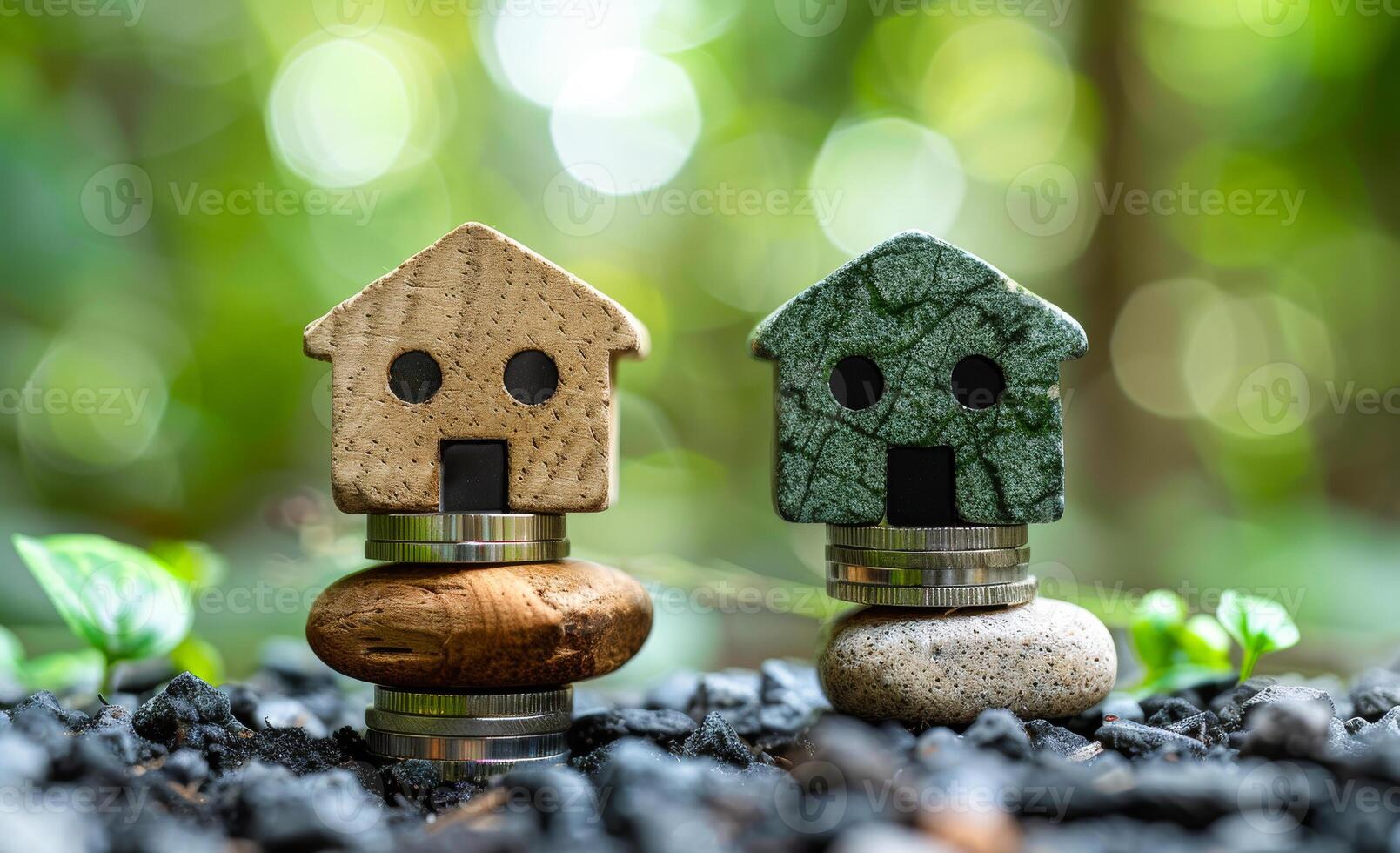Two houses made of rocks are stacked on top of each other. The houses are small and made of wood. The scene is set in a natural environment with trees and plants in the background photo
