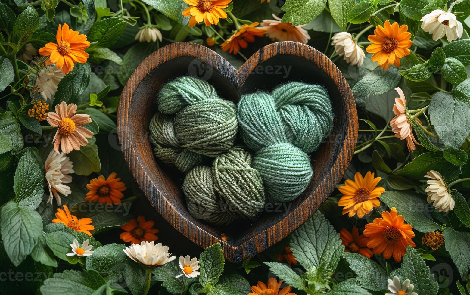 A basket of yarn is placed in the center of a flower bed. The basket is heart-shaped and filled with various colors of yarn. The flowers surrounding the basket are orange and green, creating a vibrant photo
