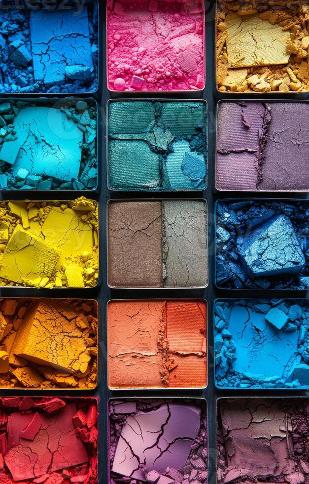 A close up of a palette of makeup with a variety of colors. The palette is made up of many small squares, each with a different color. The colors are bright and vibrant, creating a sense of energy photo