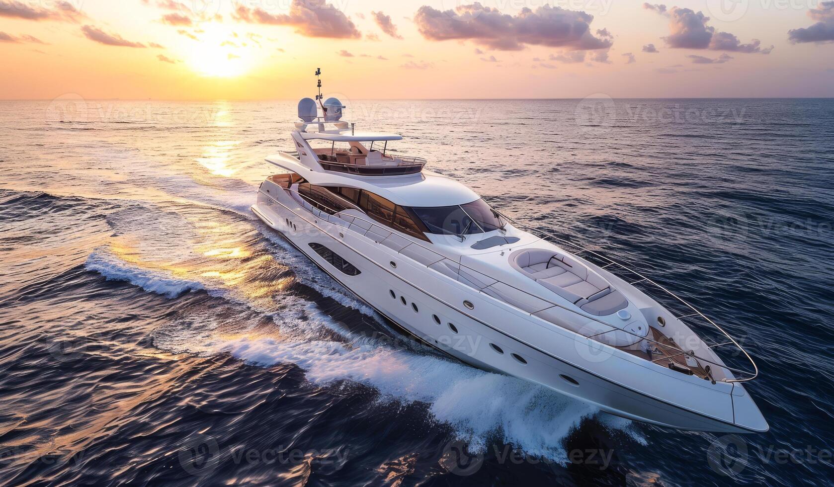 A large white boat is sailing in the ocean with the sun setting in the background. The boat is moving swiftly through the water, creating a sense of motion and excitement photo