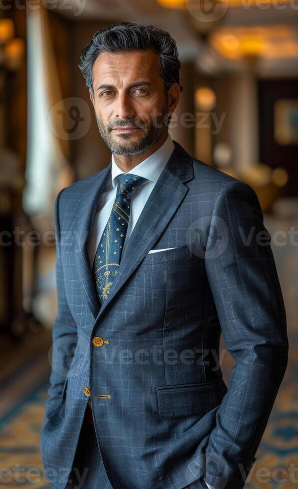 A man in a suit and tie stands in front of a window. He looks serious and focused photo