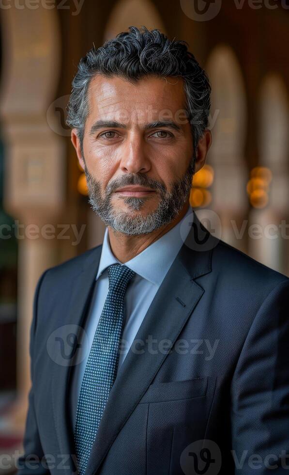A man in a suit and tie is standing in front of a building. He has a serious expression on his face photo