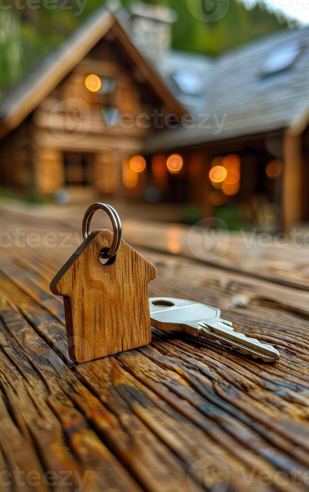 A wooden house key is sitting on a wooden table. The house key is shaped like a house and is hanging from a chain. Scene is warm and inviting, as the wooden house key and table evoke a sense of home photo