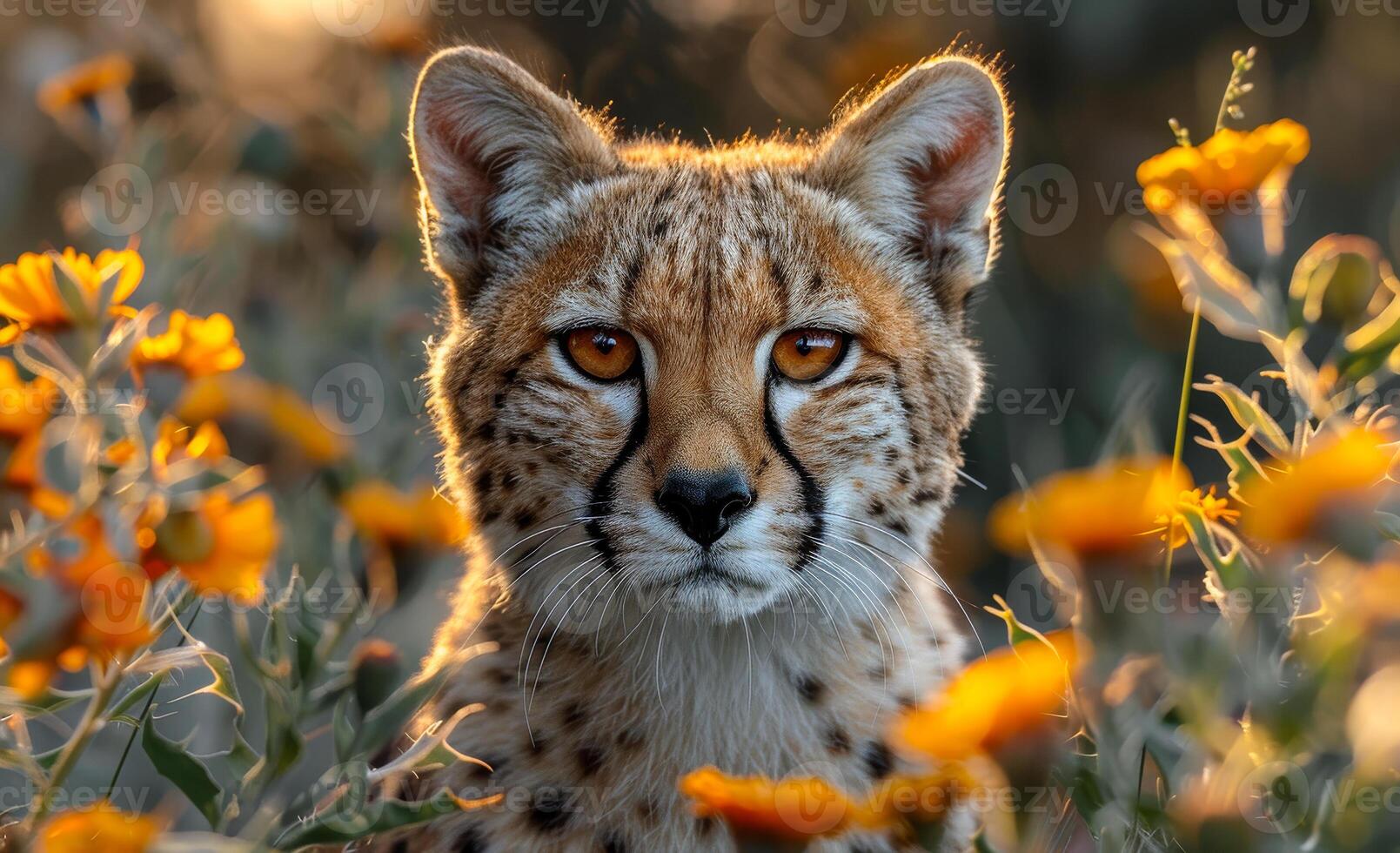 A baby cheetah is standing in a field of yellow flowers. The cheetah is looking directly at the camera, and the flowers are in the background photo