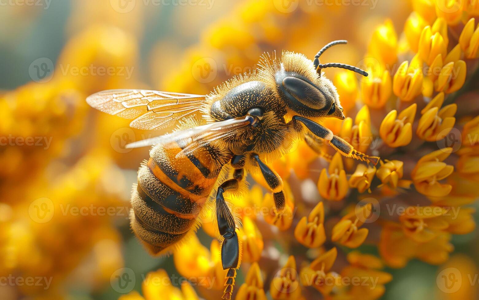 A bee is flying over a yellow flower. The flower is yellow and has a lot of petals photo