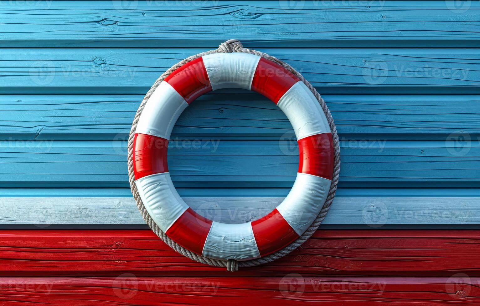 A red and white life preserver is hanging on a blue and white wall. The life preserver is the only object in the image photo