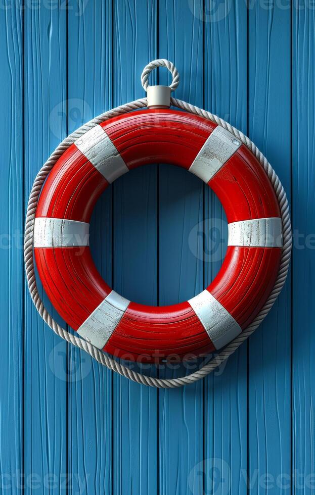 A red and white life preserver is hanging on a blue wall. The life preserver is a symbol of safety and protection photo