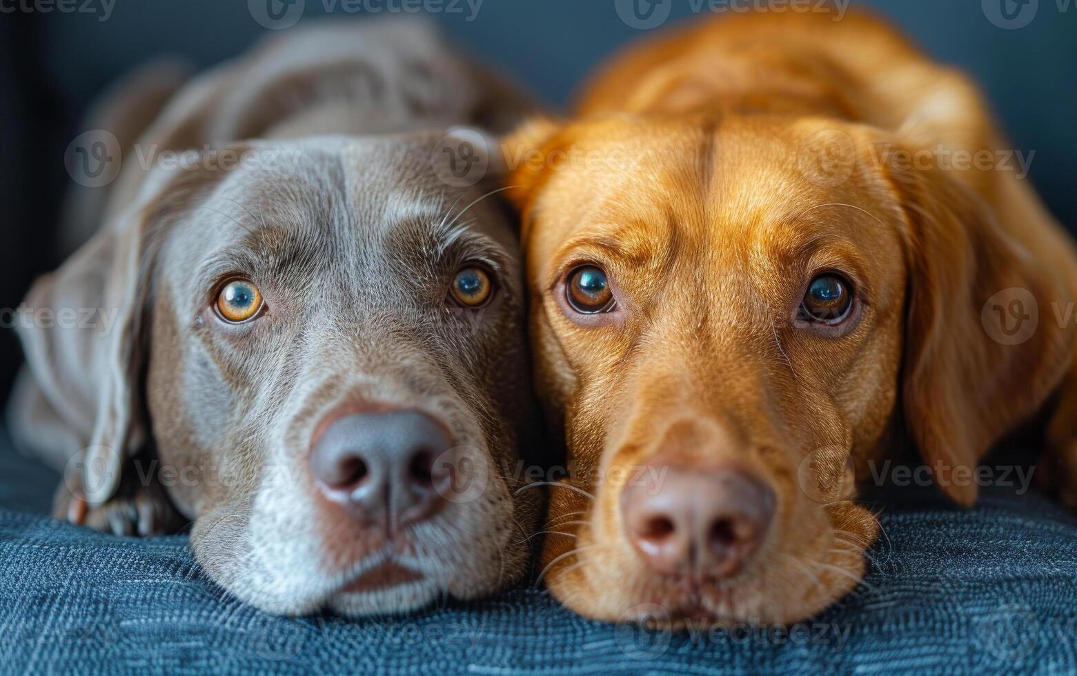 Two dogs are laying on a couch, one is brown and the other is gray. The dogs are looking at the camera with their eyes closed photo