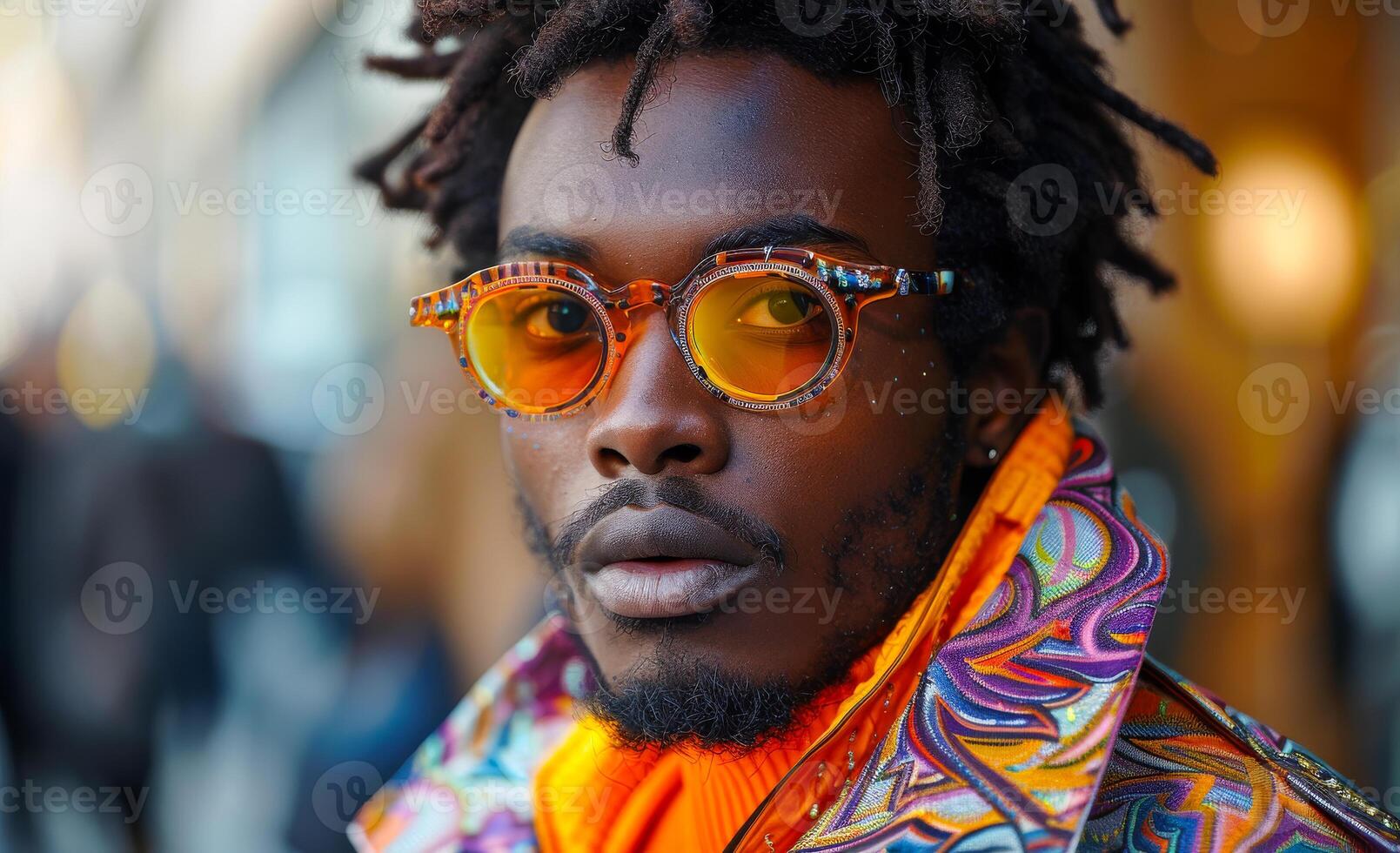 A man with dreadlocks and glasses is wearing a colorful outfit. He is wearing a scarf and a jacket photo