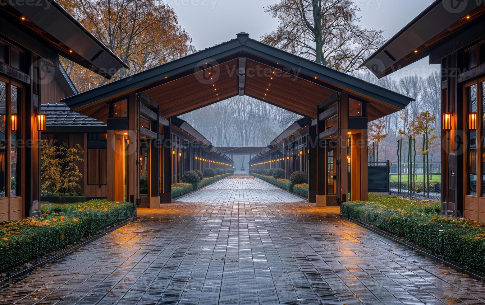 A long walkway with a roof over it. The walkway is wet and the lights are on photo