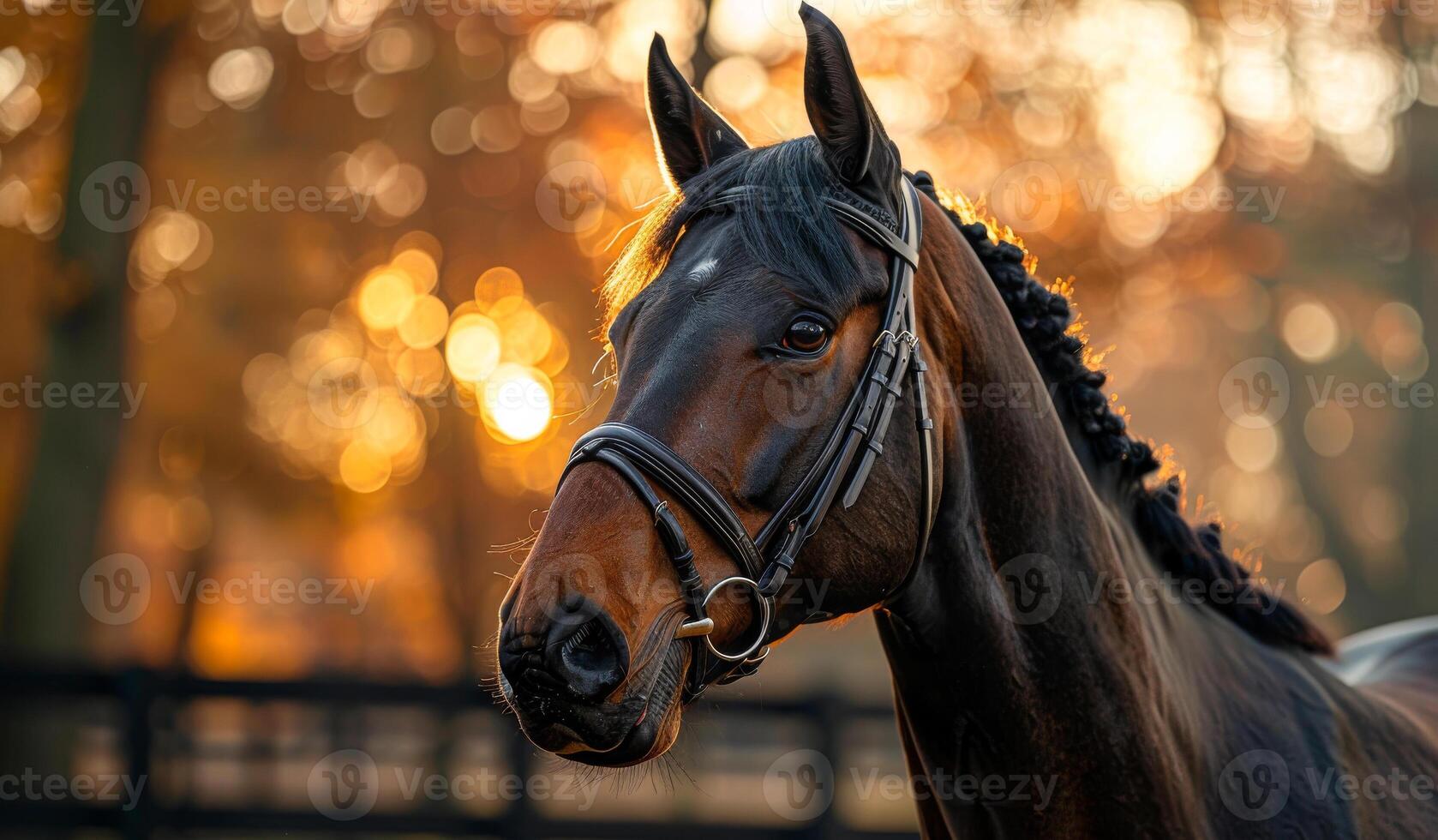 A horse with a black bridle and a brown mane and tail. The horse is standing in a field with trees in the background photo