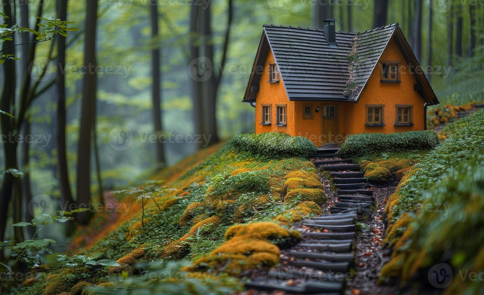 A small house is built on a hillside with a path leading up to it. The house is orange and blends in with the surrounding greenery. The scene has a peaceful and serene mood photo