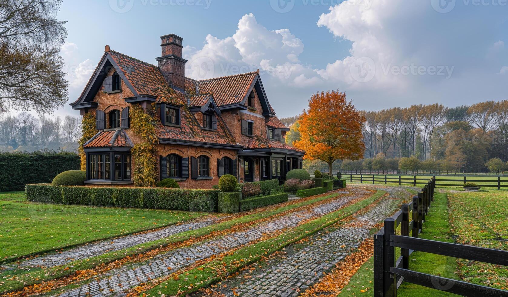 A large brick house with a red roof and a stone chimney. The house is surrounded by a lush green lawn and a gravel driveway. The house is situated in a rural area with a large tree in the front yard photo