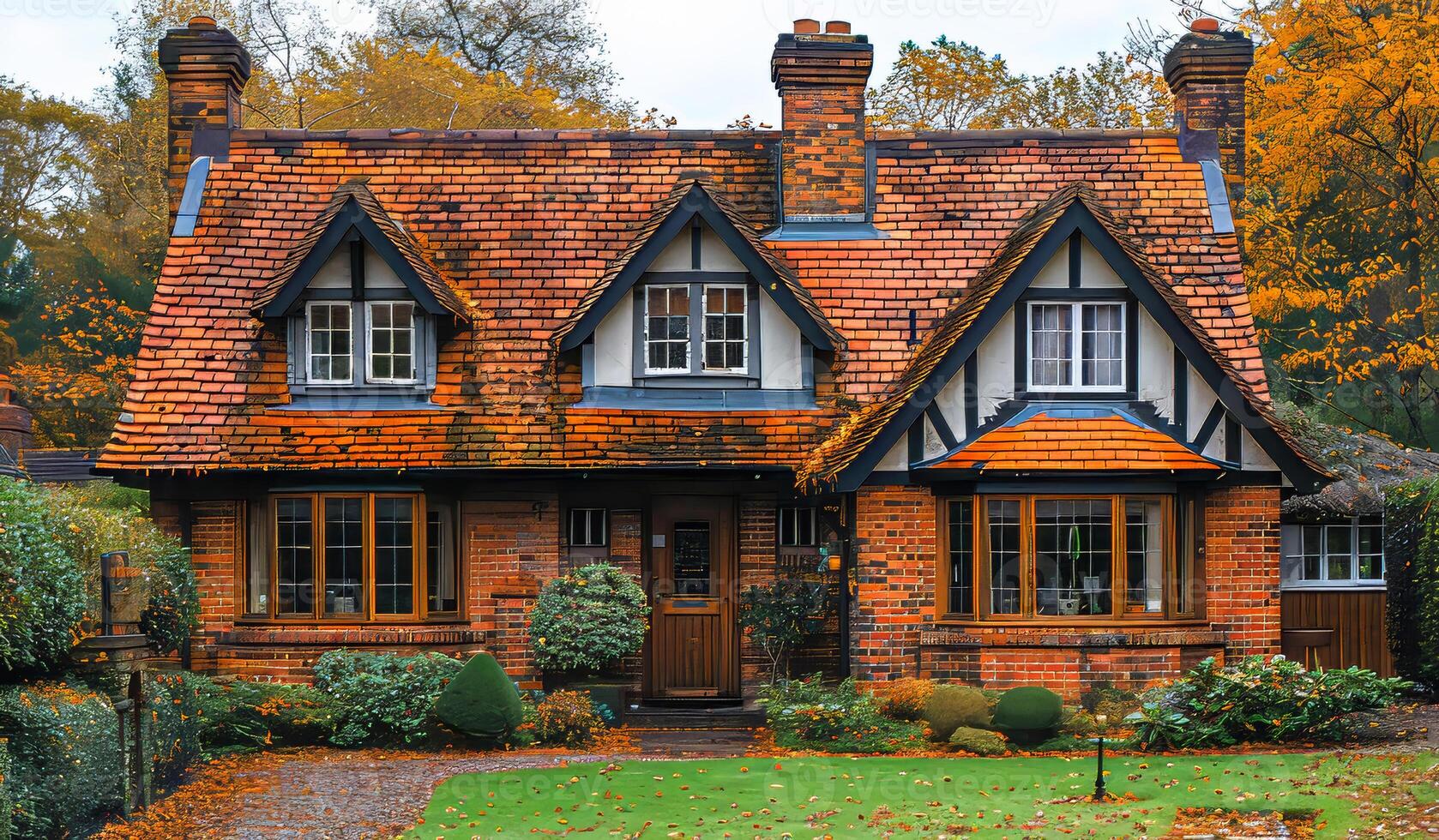 A large brick house with a red roof and a chimney. The house has a lot of windows and a porch. The house is surrounded by trees and bushes photo