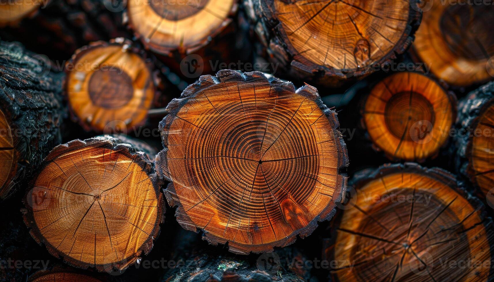 A pile of wood logs with a large, round log in the middle. The wood logs are all different sizes and shapes, and they are all brown. The pile of wood logs creates a sense of warmth and coziness photo