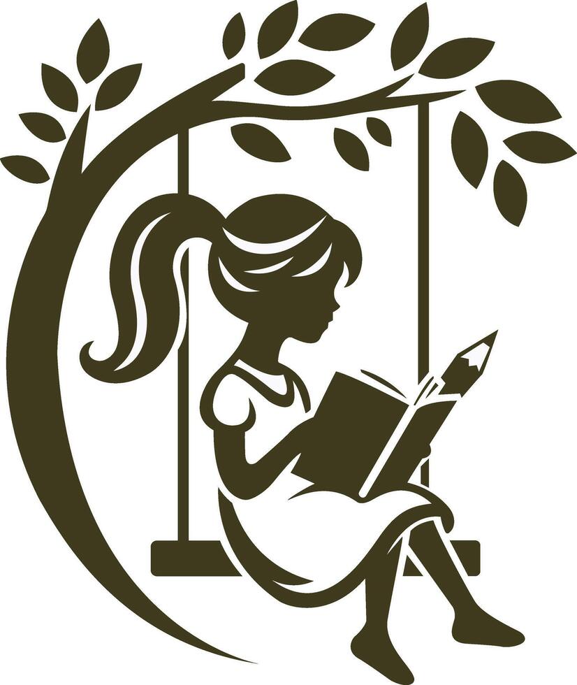 a girl reading a book on a swing with the words she is reading vector