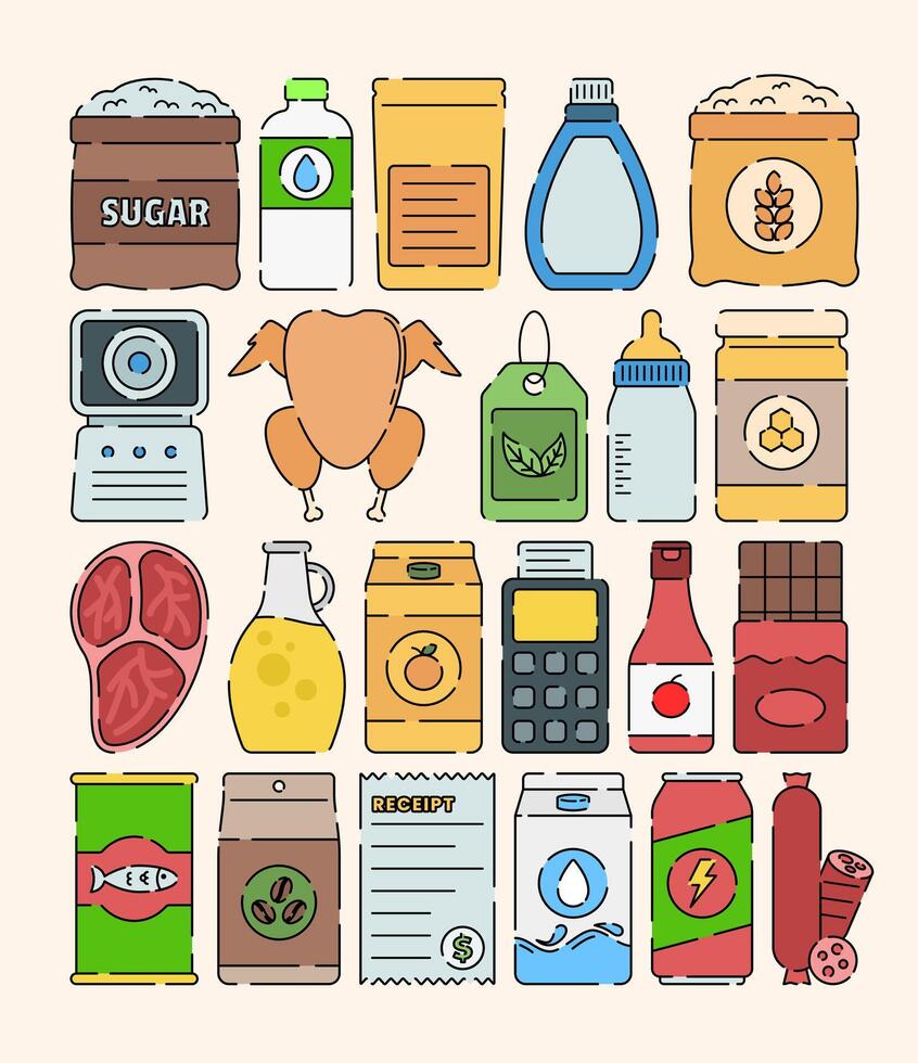 A visually appealing set of food and drink icons in flat design style, highlighting an assortment of grocery items. vector