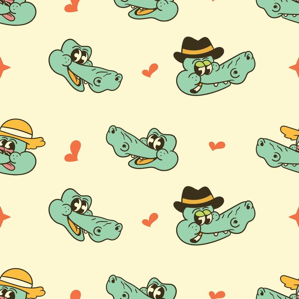 seamless pattern of cute cartoon crocodile heads in retro style vector