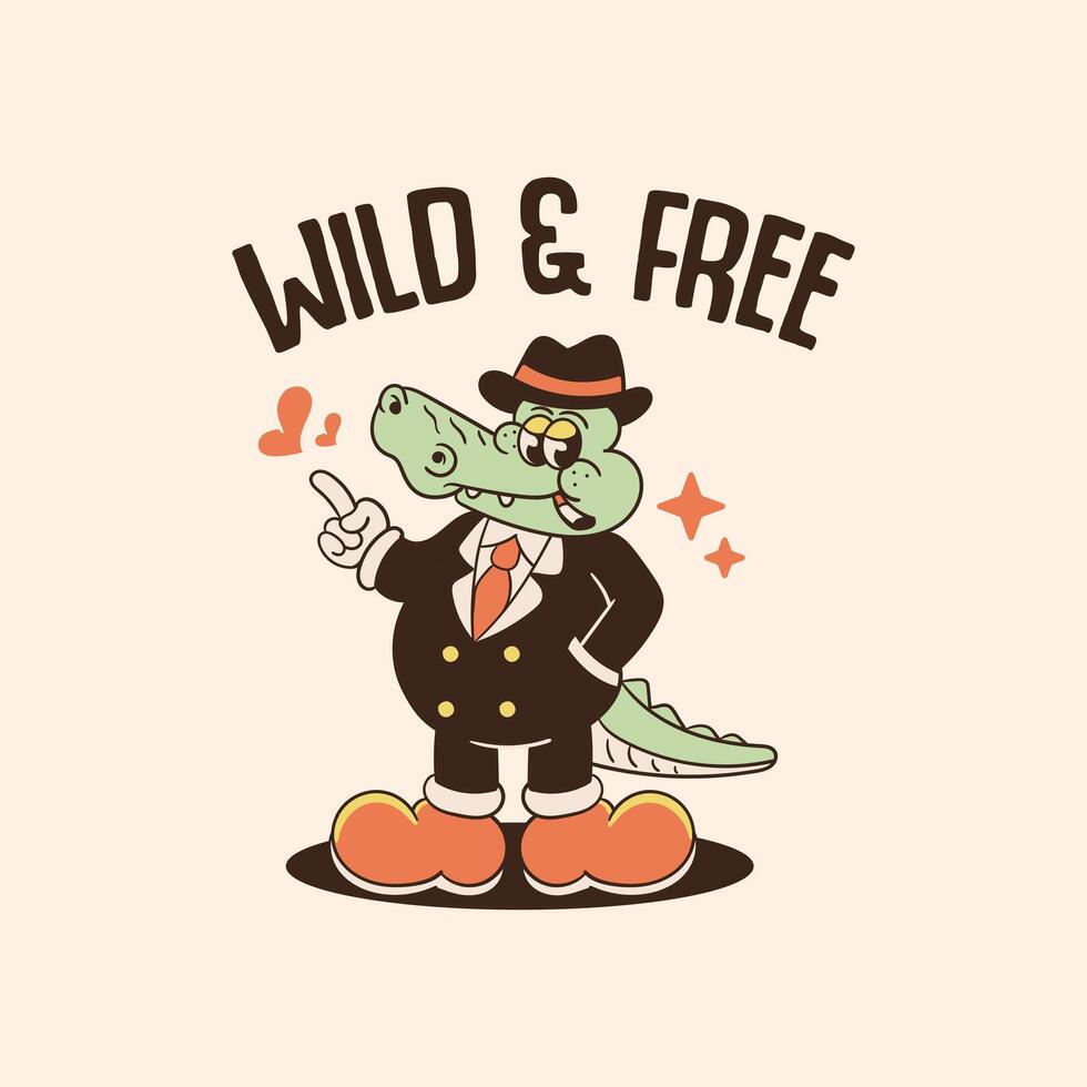 retro illustration of gangster crocodile cartoon character vector