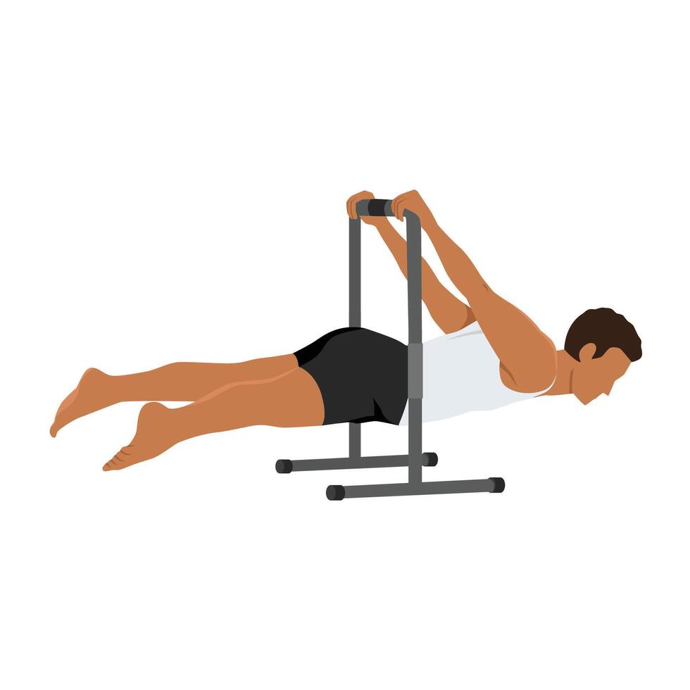 Young man doing back lever calisthenics pose. vector