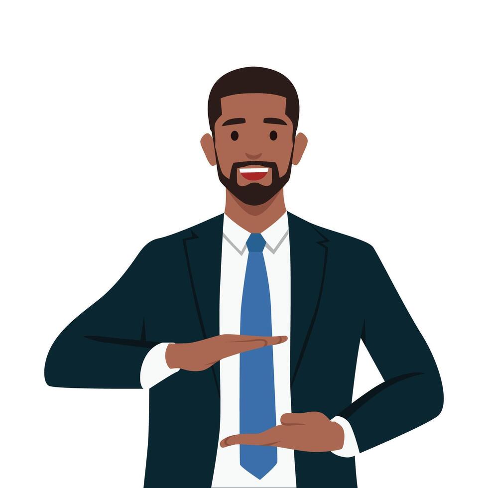Man gesturing with hands showing big and large size sign, measure symbol. vector