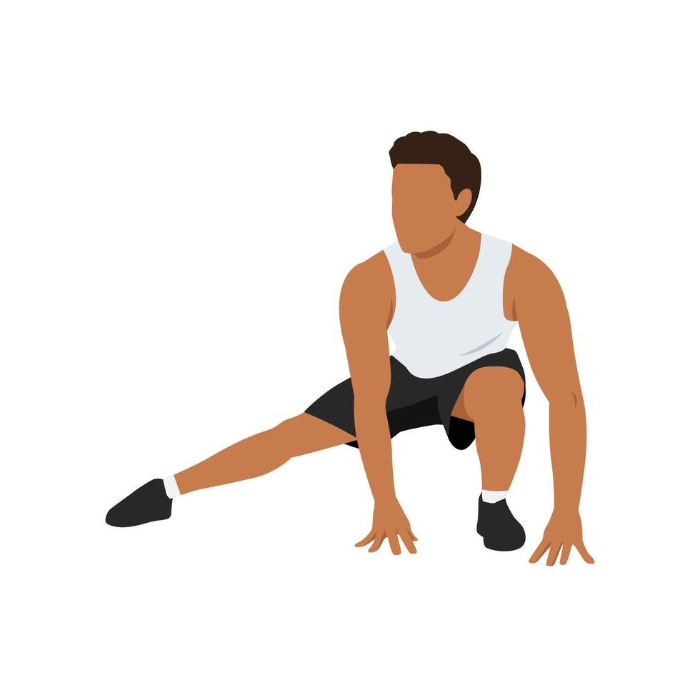 Young man doing stretch exercise for legs sit at floor. vector