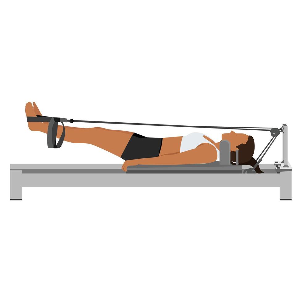 Young woman doing exercises on a pilates reformer. vector