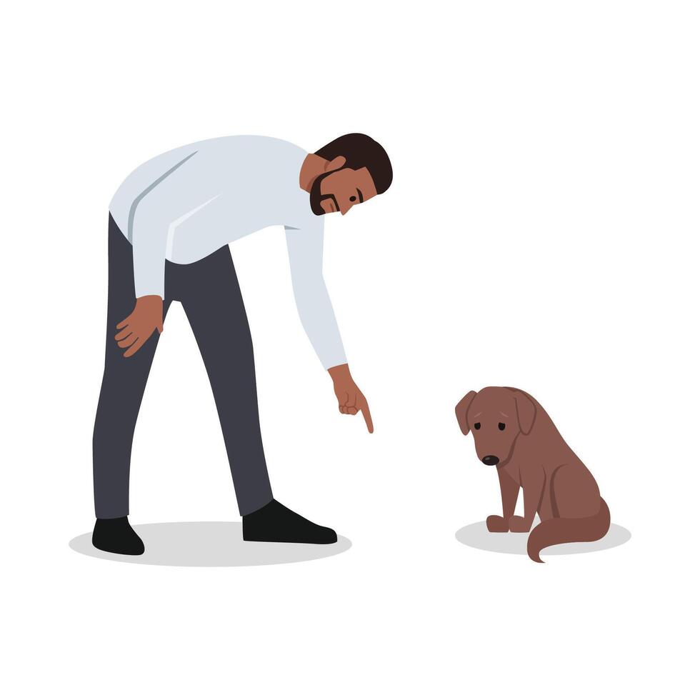 Angry at pet concept. Young angry aggressive man shouting at guilty dog. vector