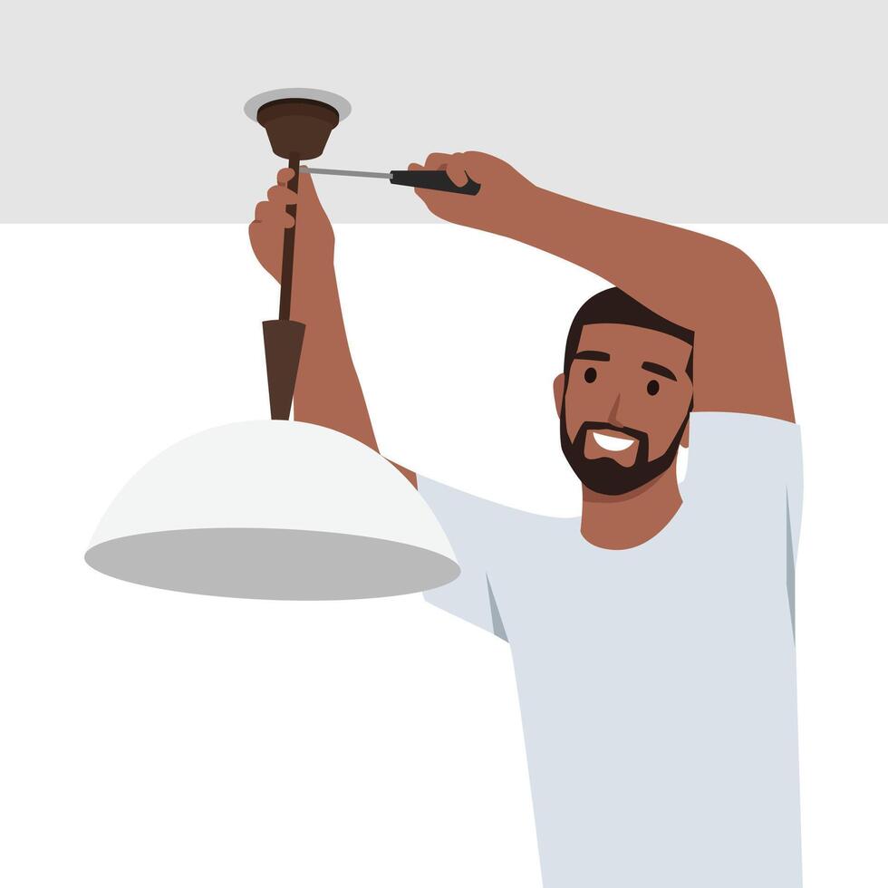 Man Electrician mounting ceiling lamp installing the wires. vector