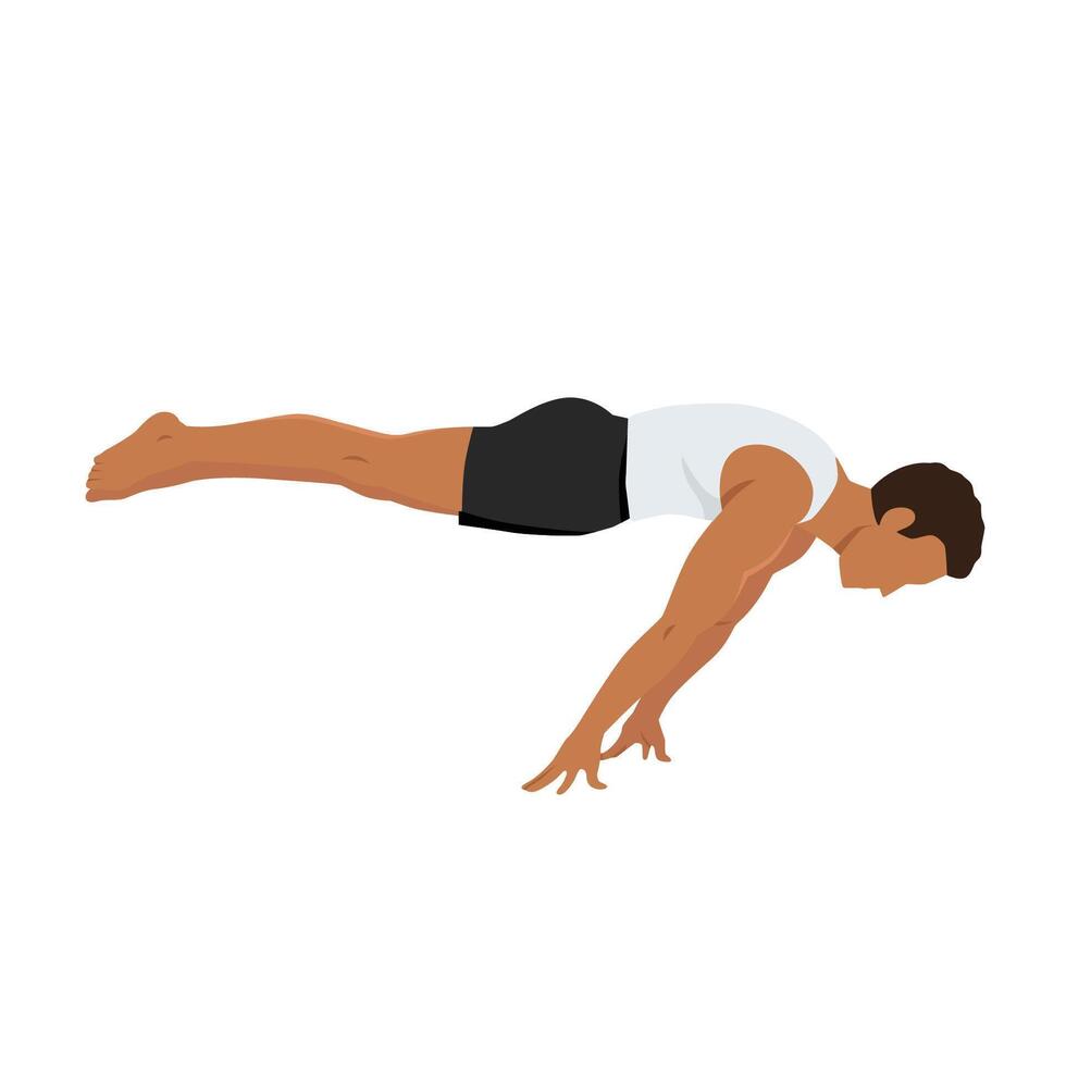 Young man doing planche on fingers calisthenics exercise. vector