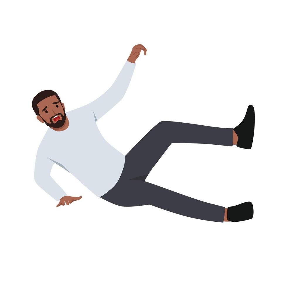 Young man falls wet floor due to negligence and inattention at moment of walking. vector