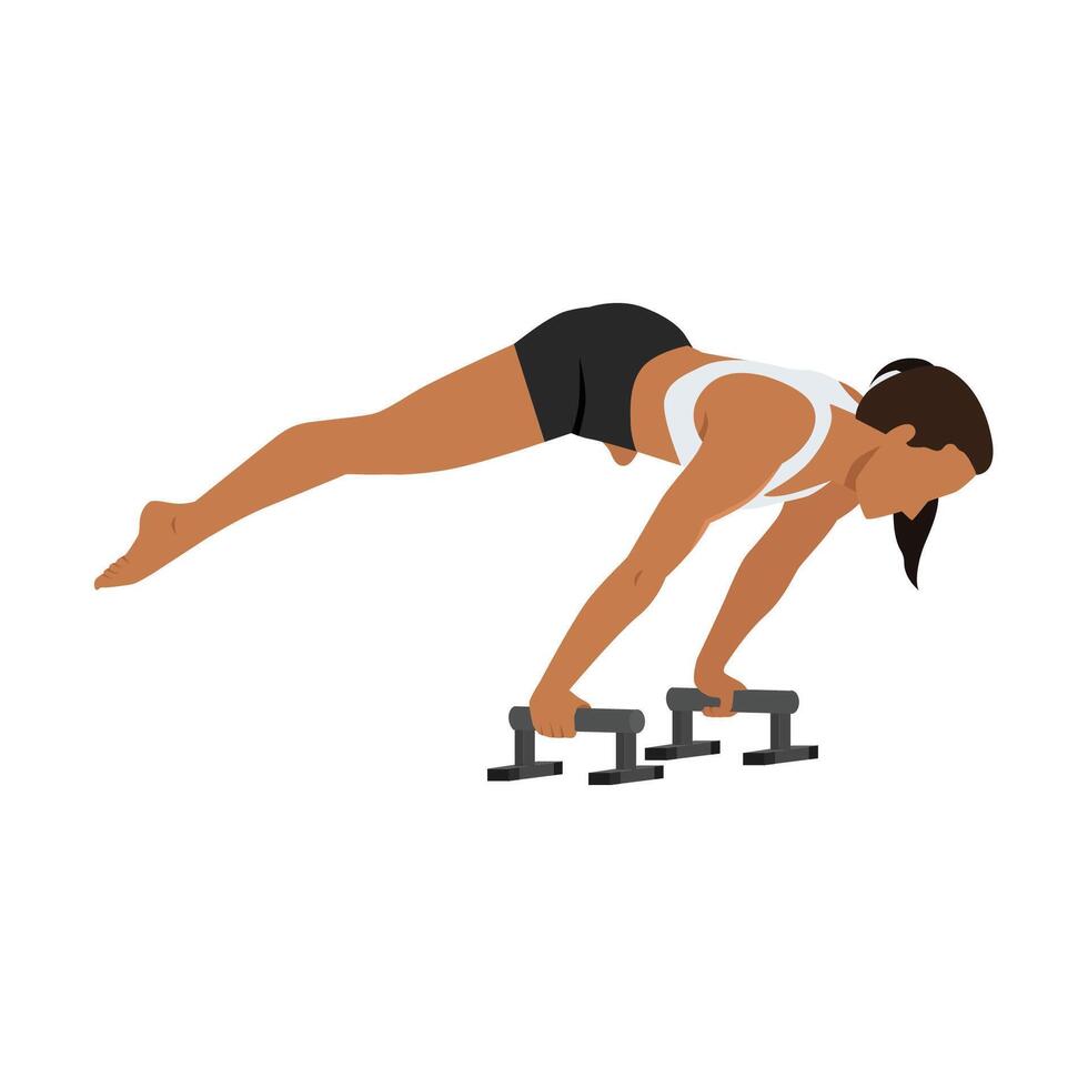 Young woman doing perfect straddle planche with Push up Bars. vector