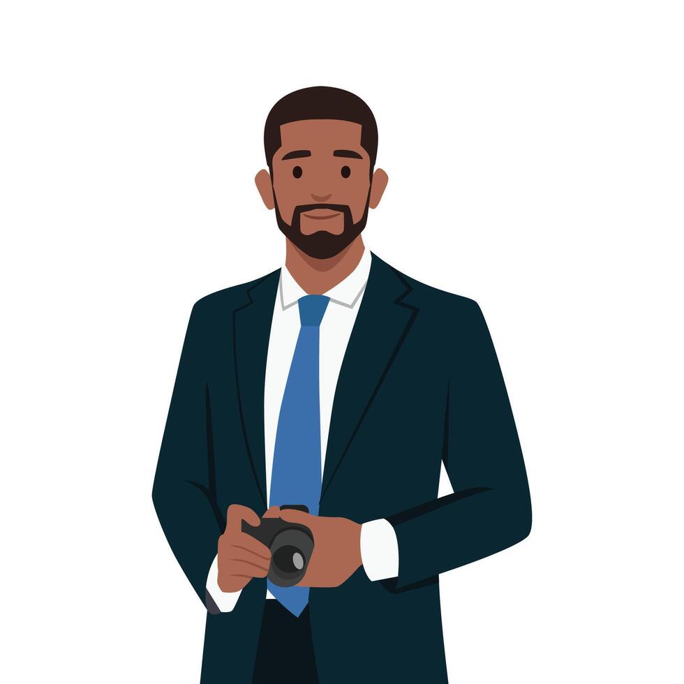 Photographer man holding camera wearing business suit. vector