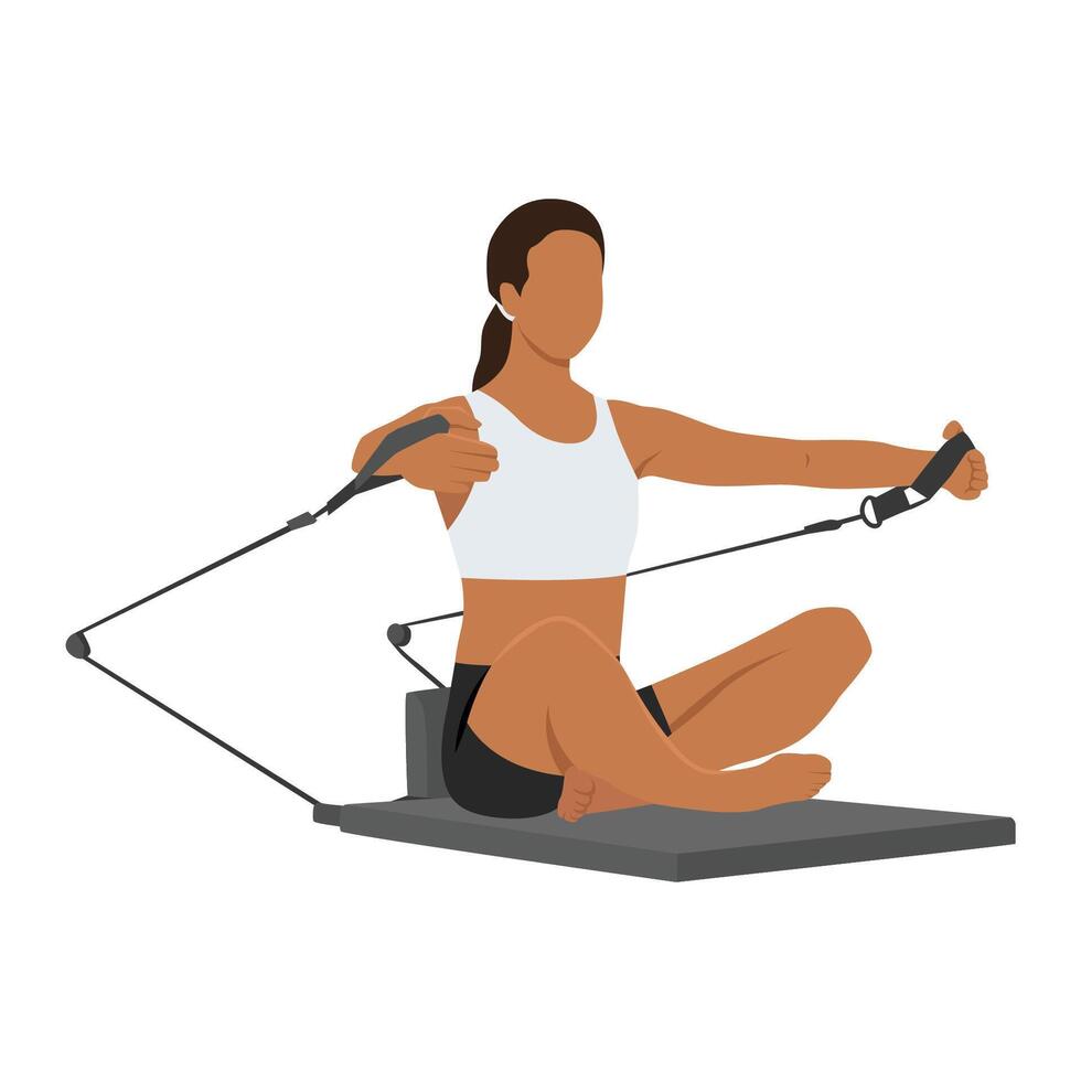 Young woman doing Pilates workout on reformer machine. vector