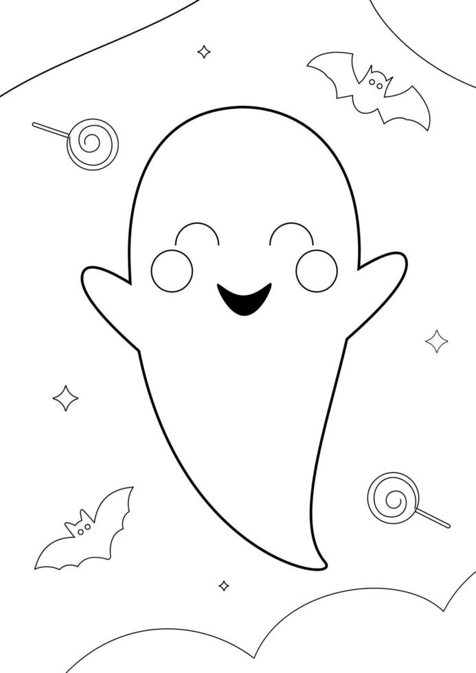 Halloween coloring page for children and adults. Hand drawn illustration of cute ghost with candy and bats. Illustration for kindergarten, school, print. vector