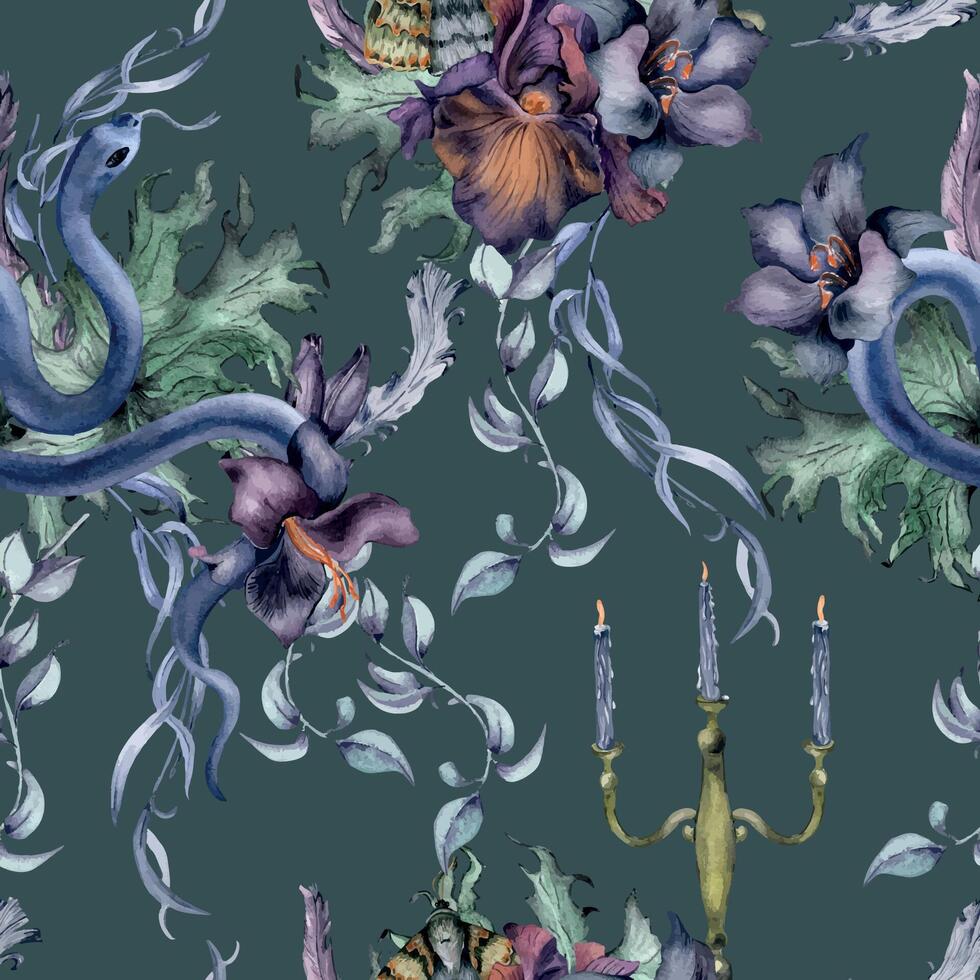 Gothic floral seamless pattern with snake isolated on dark. Flower purple iris and black lily watercolor. Botanical art decoration for black wedding, mystical party. For invitation, Valentine card. vector
