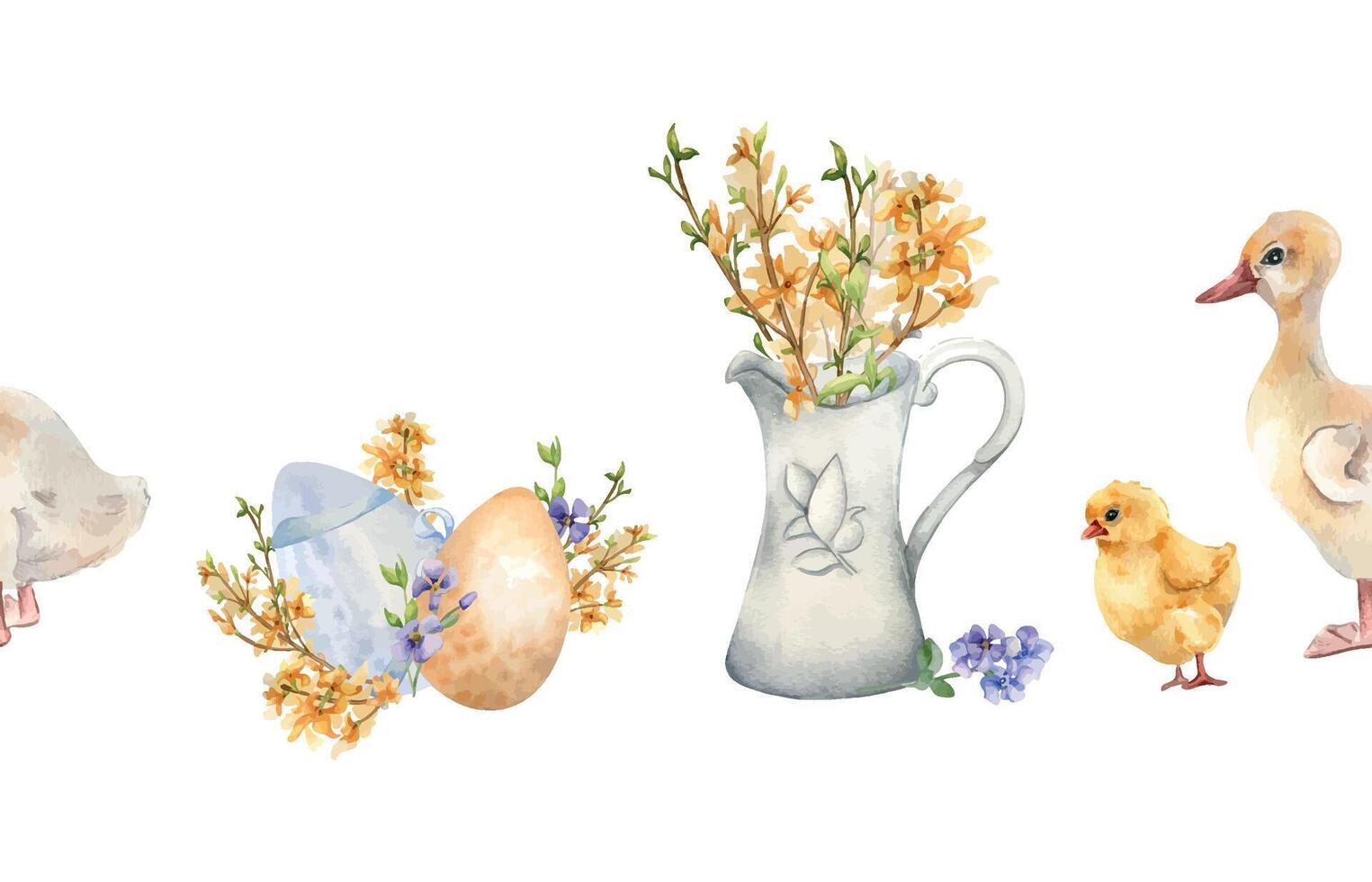 Easter watercolor seamless border with colorful eggs and first spring flowers isolated on white. Flowers in jug with farm pets hand drawn for Easter design. Chick, gosling painted vector