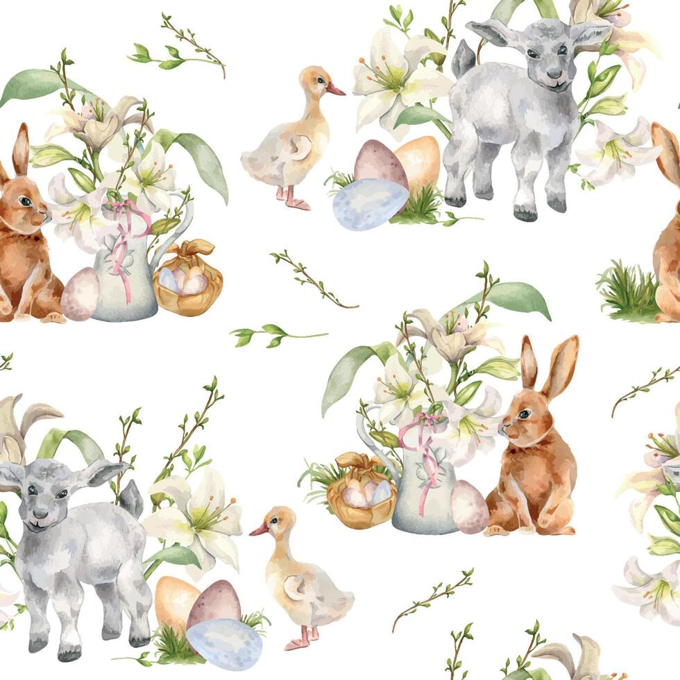 Easter bunny and white flowers seamless pattern isolated on white. Watercolor floral illustration with baby animals. Gentle print with lamb and gosling hand drawn. For design textile, package, paper. vector