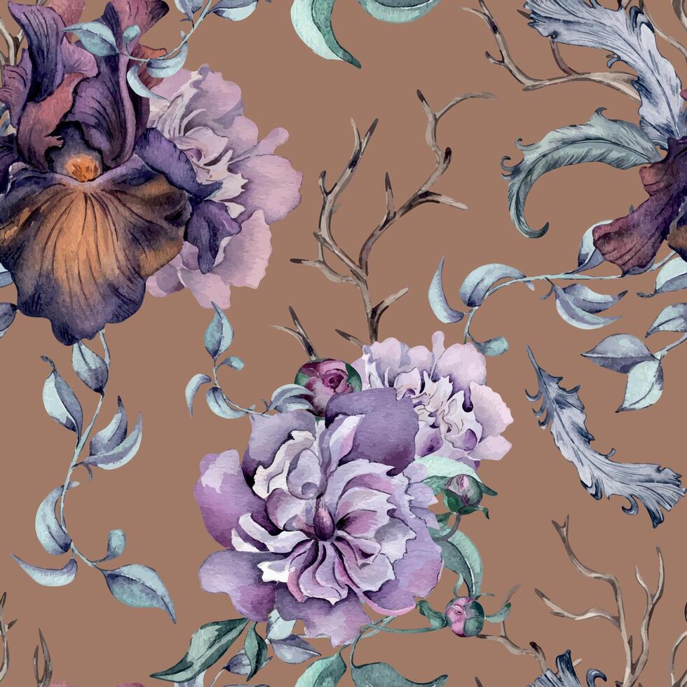 Gothic floral seamless pattern hand drawn. Black iris and peony flowers watercolor isolated on pink. Botanical dark art with snag and feathers for mystical party. Design for package, textile, paper. vector