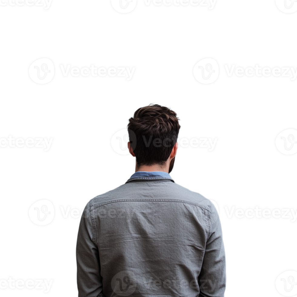 Man seen from the back wearing a gray shirt isolated on transparent background png