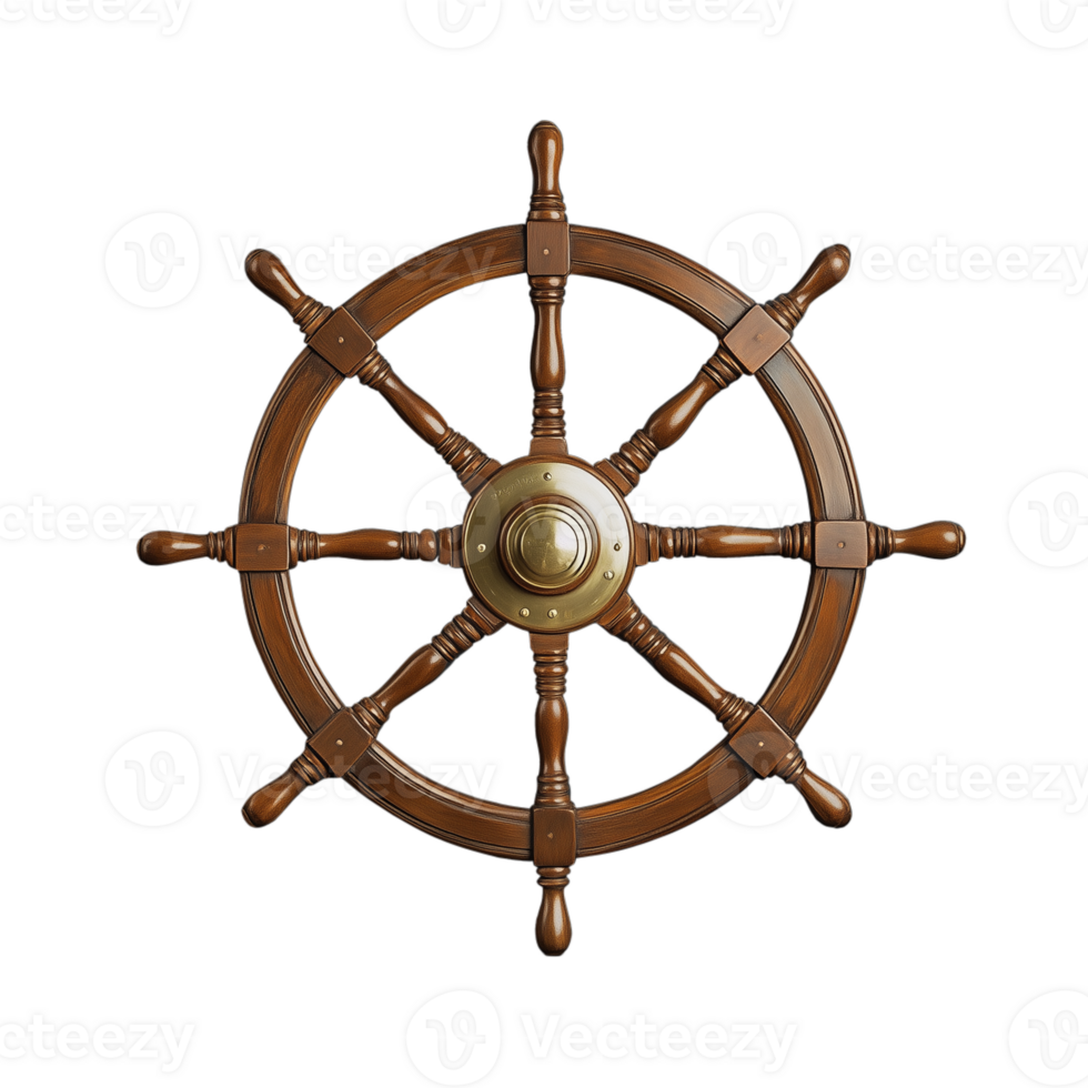Classic ship's wheel with brass details isolated on transparent background for nautical decor enthusiasts png