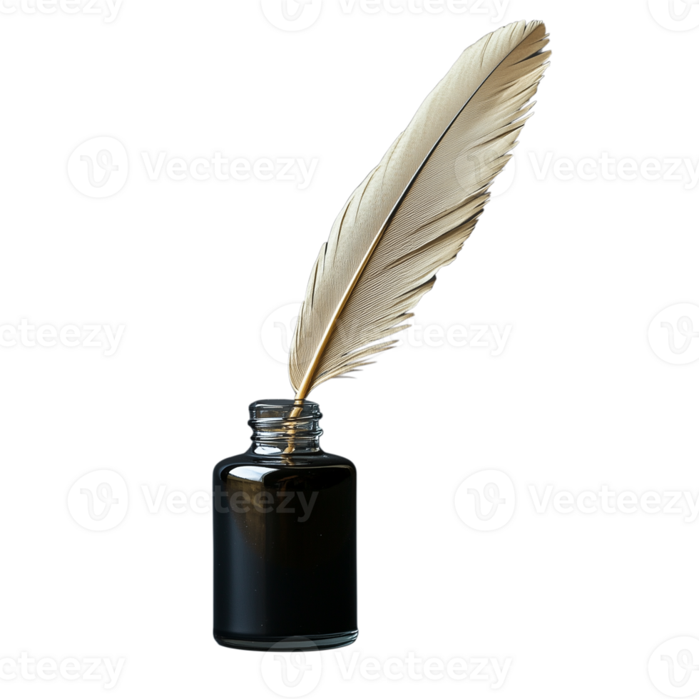 Vintage feather quill pen in an ink bottle isolated on transparent background for writing enthusiasts png